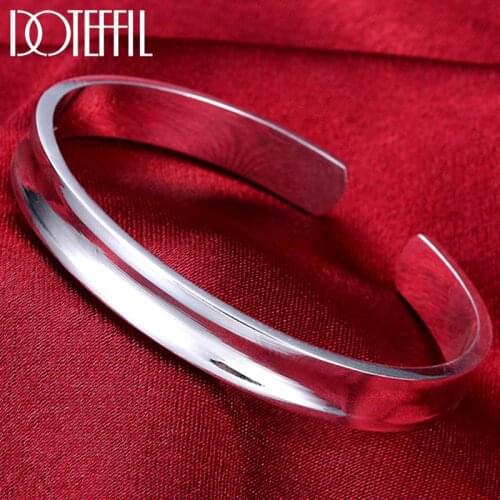 DOTEFFIL 925 Sterling Silver Smooth Round Open Bracelets Bangles For Women Minimalism Lady Fashion Wedding Engagement Jewelry