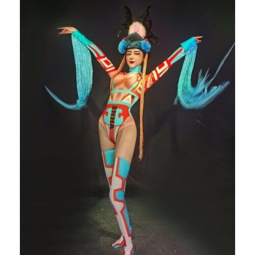 Headwear bodysuit set amusement park stage dance costume Chinese folk dance costumes tassel party performance costume