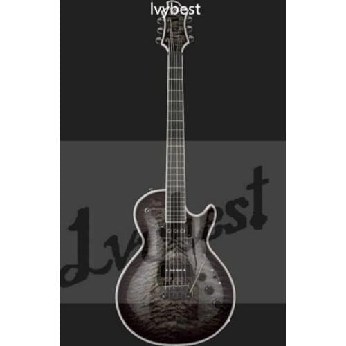 Customized body and headstock shape! 6 string electric guitar,no inlay on ebony fingerboard,quilt flame body top,see thru black