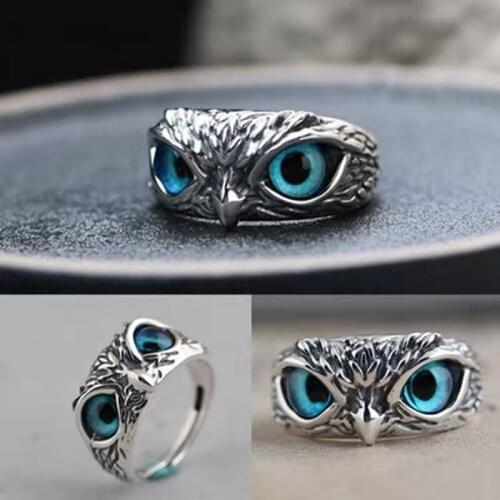 Fashion New Retro Plain Silver Blue Eyes Owl Ring Demon Eyes Men and Women Ring Jewelry