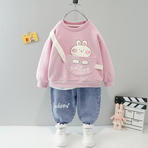 Cute Cross-shoulder backpack Autumn Girls Boys Clothing Set Toddler Cartoon Rabbit Lion Crocodile Blouse + Pants Children Suit