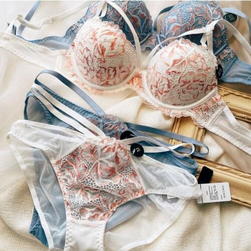 2021 New 4 Colors Hollow Out Women Sexy Push Up Bra And Panty Set Full Lace Embroidery Ladies Underwear Thicken Lingerie Hi-Q