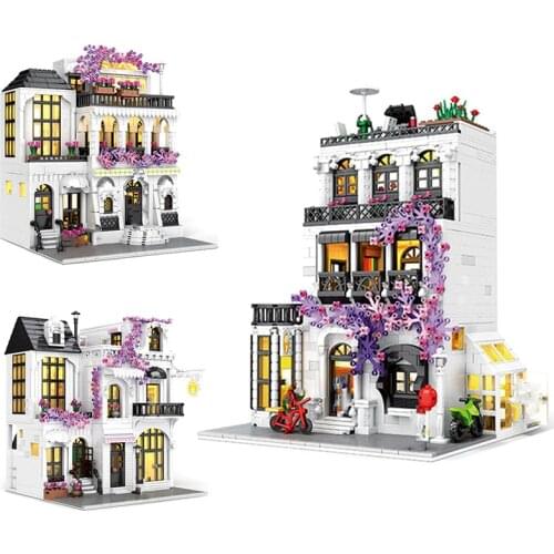 European Garden Flower Street With Light Parts Building Blocks City View Architecture Modular Bricks Toys for Children Gifts
