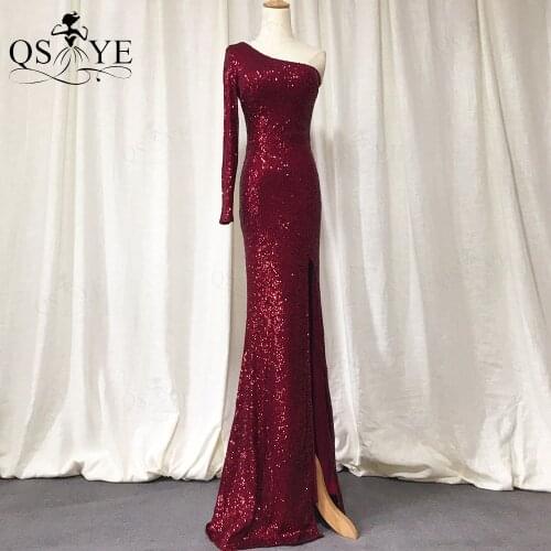 One Shoulder Red Evening Dresses Long Sleeves Prom Gown Sequin Mermaid Party Dress Glitter Sexy Split Formal Women Dress Vestido