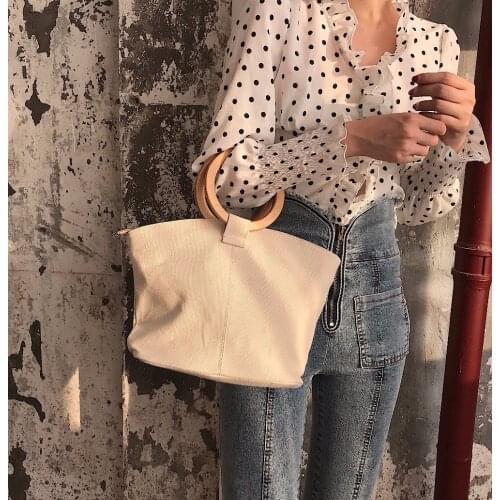 Fashion Summer Circle Wooden Handle Knitted Handbag Canvas bag for Women Tote bag Crossbody bag Beach bag Lady Basket Travel
