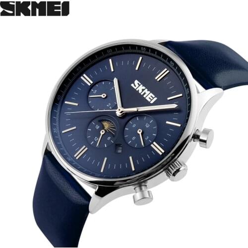 2019 SKMEI brand New Mens Quartz Watch Moon Phase fashion analog waterproof Business men Wristwatch Leather watches 9117