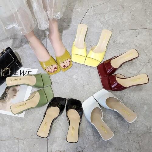 2021 Women Slides 6.5cm High Heels Mules Female Fetish Summer Yellow Burgundy Sandals Lady Block Low Heels Slippers Green Shoes