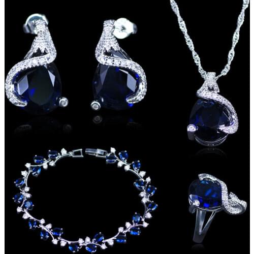 New Arrival Womens Blue Crystal Zirconia Silver Color Jewelry Sets Earrings Pendant Necklace Rings Best Party Present