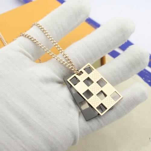 Men Lady Women Titanium steel Lovers Long Necklace With Engraved Hollow Our Double Color Square Charms Jewelry Supply