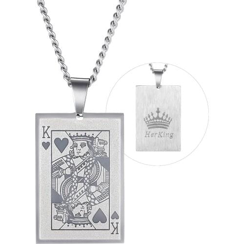 Heart K &Q Playing Cards Woman Men Necklaces His Queen Her King Couple Neck for Valentines Day Gift