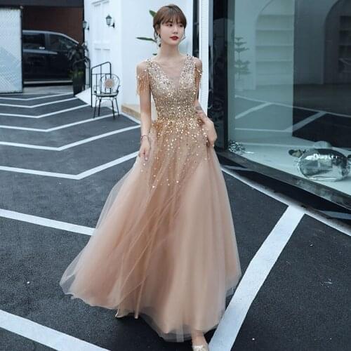 Champange Bridesmaid Dresses 2021 A Line Crystal Beads Lace Up Tulle Bridesmaid Dress Plus Size for Women Wedding