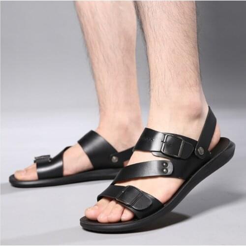 Fashion Genuine Leather shoes Mens Summer Open-toed Light Sandals Breathable Non-slip Casual Beach Sports Mens Slippers Sandal
