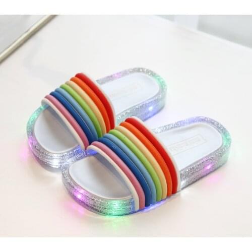 Summer new LED flashing lights Jelly Rainbow word flip sandals girls soft bottom fish mouth baby childrens slippers