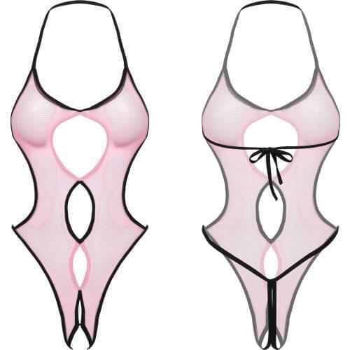Sexy Lingerie Erotic Swimsuit One Piece Bodysuit Hollow Out Crotchless Thongs Bodysuit Swimwear Women Mesh See-through Jumpsuit