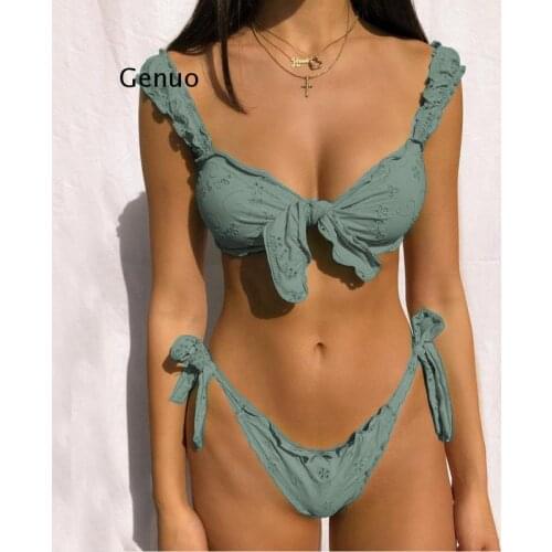 Sexy Women Bikini Sets Solid Color Ruffled Swimwear Bathing Suits 2 Piece Split Push Up Bandage Beachwear Mujer Thong Biquini