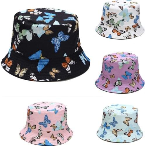Butterfly Print Fisherman Hat Summer Cotton Double-sided Outdoor Bucket Sun Cap