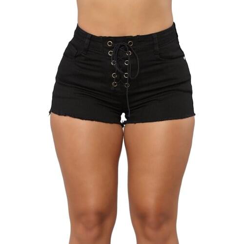 Sexy Ripped Hole Black Shorts Women Summer Mid Waist Tassel Bandage Denim Shorts Street Women Elegant Front Lace-up Hot Shorts