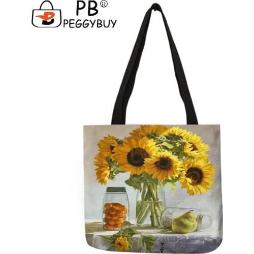 Casual Sunflower Cute Cats Oil painting and Letters Printed Shoulder Shopping Tote Bags Portable Large Capacity Linen Handbag