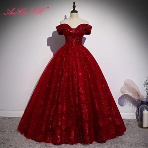 AnXin SH vintage princess wine red sparkly lace boat neck sleeveless bride ball gown host stage party lace up evening dress