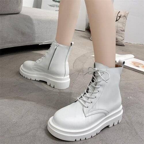 2020 Women Ankle Boots Platform Round Toe Lace Up 5cm Heel Boots for Woman Zip Women Shoes Botas White Black Basic 34-40