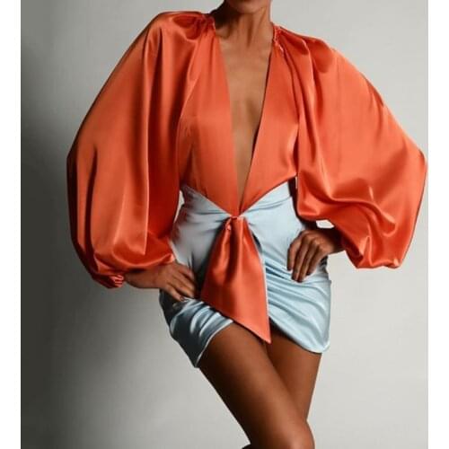Women Summer Sexy Top and Mini Skirt Deep V-Neck Satin Two Piece Set Long Sleeve Short Skirt Casual Party Wear Jumpsuit Club