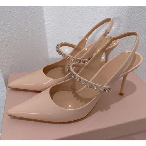Moraima Snc Nude Patent Leather High Heel Shoes Pointed Toe Crystal Buckle Strap Party Dress Shoes Women Wedding Heels Black
