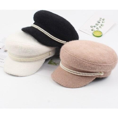 2021 Autumn and Winter Ladies Hat Women Korean Fashion New Pearl Chain Beret Imitation Mink Casual Wild Navy Hat