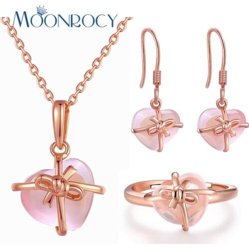 MOONROCY Rose Gold Color Heart Crystal Ross Quartz Pink Opal Necklace Earrings and Ring Jewelry Set for Cute Jewelry Women