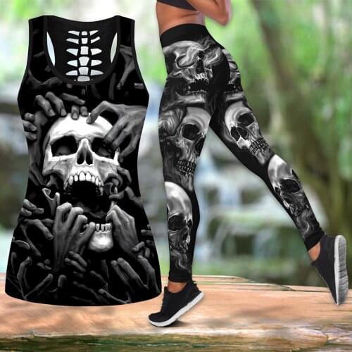 Womens Over Printed Yoga Suit Death Skull 3D Printing Hollow Vest Tank Top High Waist Leggings Sports Ladies Suit
