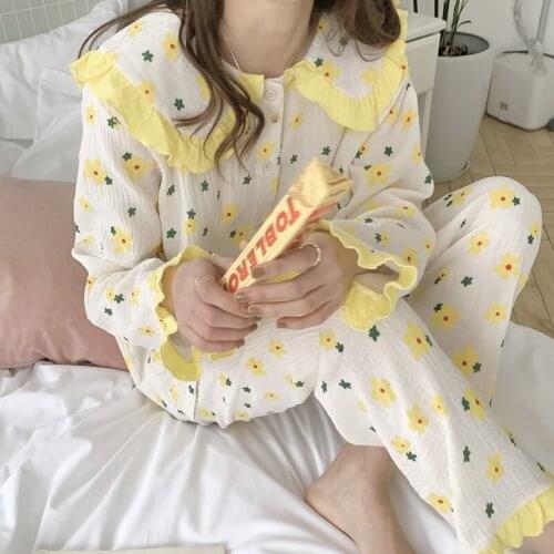 Yellow Floral Print Spring Pajamas Set Women Peter Pan Collar Single Breasted Shirts Tops + Long Pants Sleepwear Two Piece
