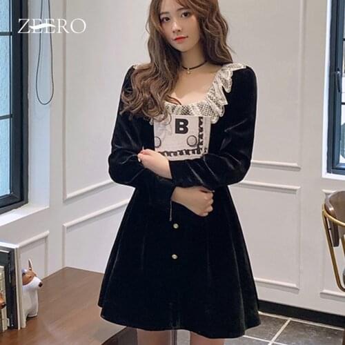Female Velvet Single-breasted Long Slevee A-Line Dresses Women Vintage Lace Splicing Square Collar Mini Dress Spring Autumn