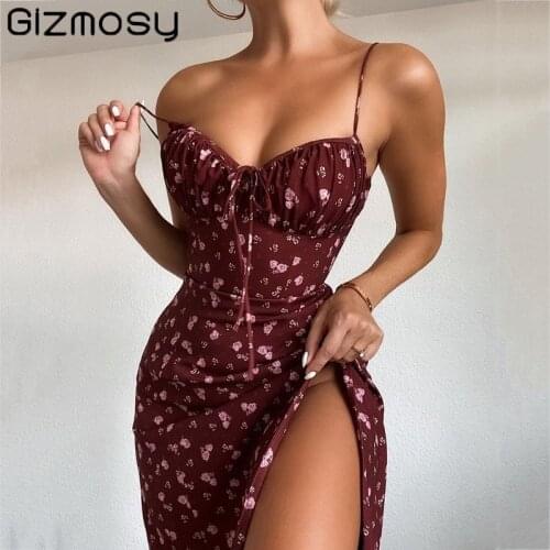 Gizmosy Wine Floral Dress Women Prairie Chic Paghetti Straps Backless Chest Draped Lace Up Side Split Sexy Long Dresses 2021 New