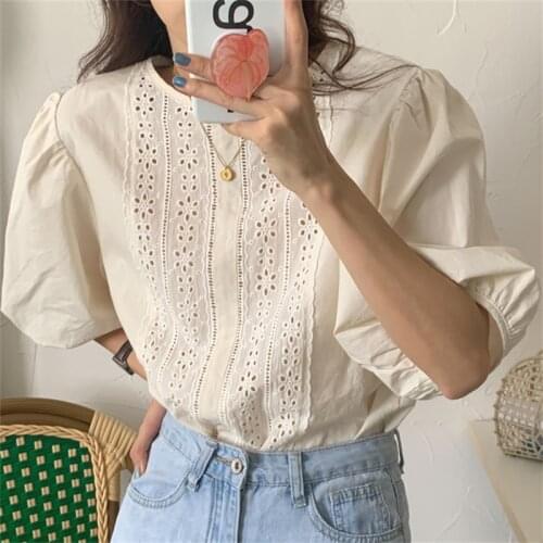 Alien Kitty 2021 Apricot French Hollow Out Summer Hook Flowers Retro Slim Femme Sweet Loose Stylish Chic Blouses Tops Shirts