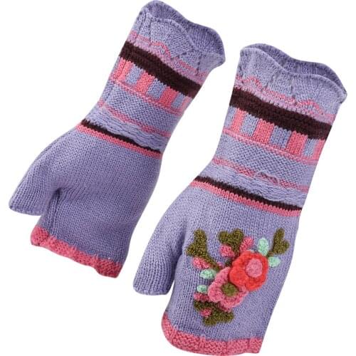 Women Girls Winter Warm Knitted Embroidery Gloves Knitted Mittens Fingerless Thick Wool Femael Fashion Gloves 15Colors