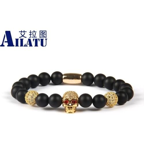 Ailatu Powerful Jewelry Wholesale 8mm Best Quality Matte Onyx Stone Beads with Exquisite Micro Inlay White Cz Skull Bracelet