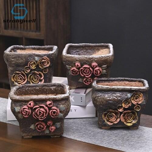 Strongwell Large Diameter Hand Kneaded Flower Pot Painted Coarse Pottery Ceramic Succulent Planter Home Garden Decoration Potted