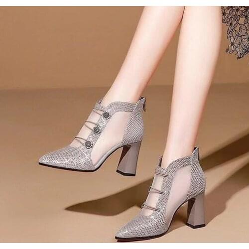 Spring Sexy Mesh Sandals Boots Women Pointed Toes High Heeled Summer Heels Square Heel Shoes Woman Hollow Out Female Blue Grey