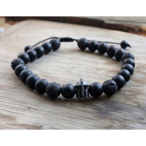 Spartan Knight Helmet Hematite Carving Bead & Lava stone bead bracelet Dropshipping