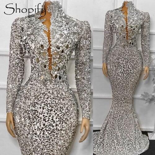 Long Sexy Evening Dresses 2021 High Neck Long Sleeve Sparkly Silver Sequined Crystals Formal Women Gowns