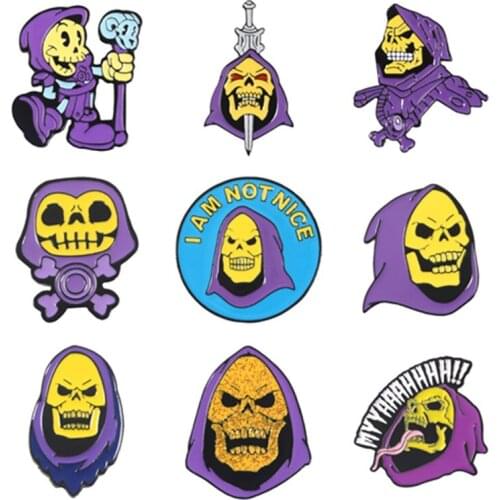 80s Skeletor Purple Hood Live Laugh Love Skull Brooch Creative Funny Metal Brooch Pins Fashion Halloween Enamel Brooches Pins