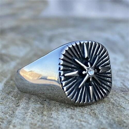 Mens Stainless Steel Nautical Biker CZ North Star Ring For Men Size 7-13