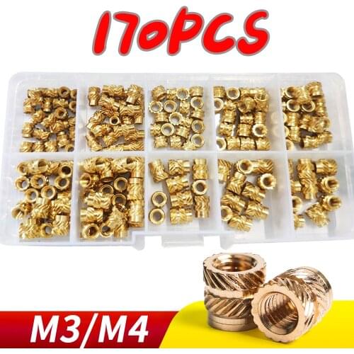 M3 M4 170PCS Brass Hot Melt Inset Nuts Assortment Kit Thread Copper Knurled Threaded Insert Embedment Nuts Set