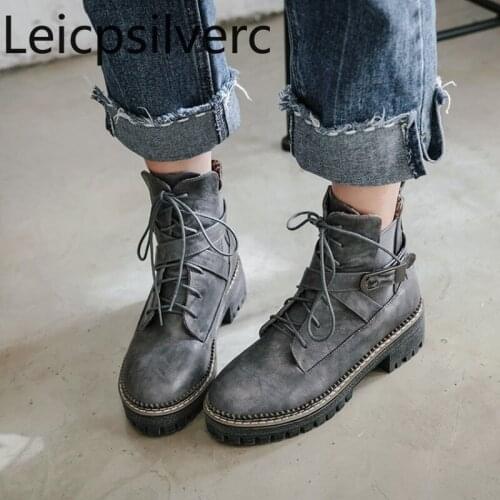 Autumn And Winter The New fashion Round head Lace-up belt buckle Thick heel mid heel Short tube Womens Boots plus size 33-43