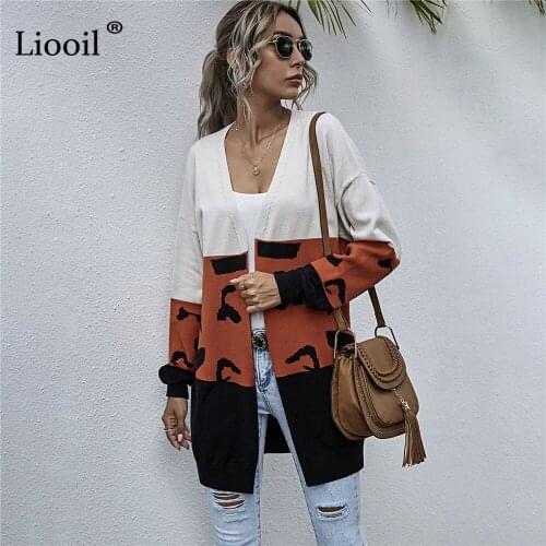 Liooil Casual Loose Knitted Long Cardigan Women 2020 Patchwork Color Block Long Sleeve Female Autumn Winter Sweater And Coats