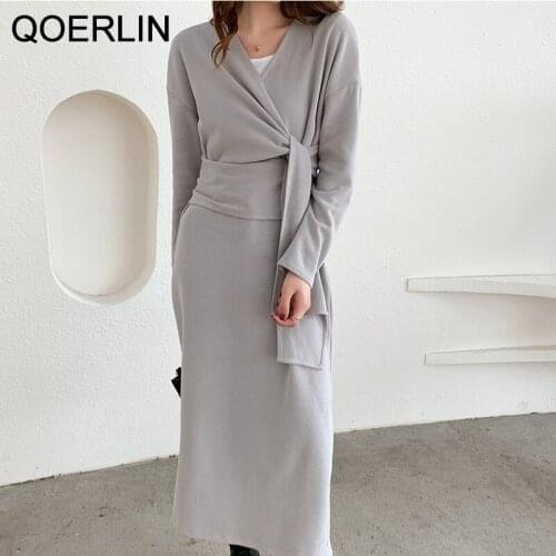 QOERLIN Original Design Criss-Cross Sweater Dress Women Chic Sexy V-Neck Irregular High Waist Long Sleeve Knitted Dress Ladies