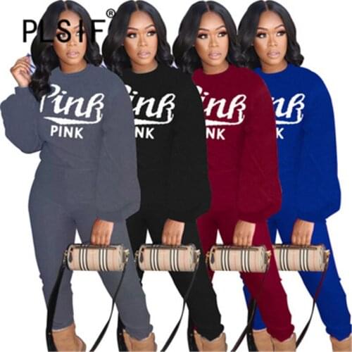 Pink Letter Print Two Pieces Sweatsuit Female Full Sleeve Casual Slim Outfits 2 Pieces Set