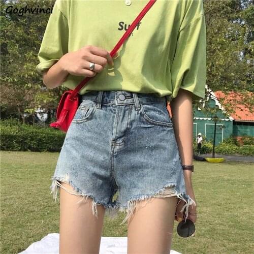Vintage Denim Shorts Women Washed Hole Korean Style High Waist Slim Students All-match Fur-lines Streetwear Retro Harajuku Cozy
