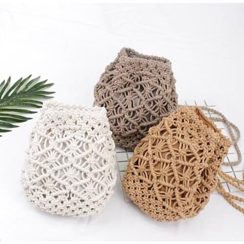 Vintage Woven Backpack Cotton Rope Bucket Small Straw Bag Vacation Travel Mini Fresh Backpack Hand-woven Bags