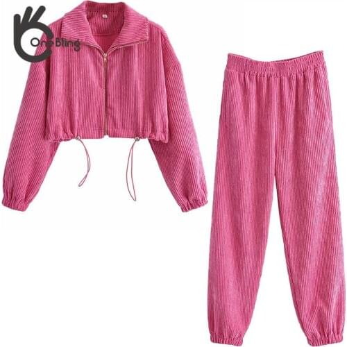 OneBling Za Woman 2021 Pink Traf Corduroy Suit Autumn Woman Casual 2 Pieces Set Cropped Jackets Elastic Waist Harem Pants Suit
