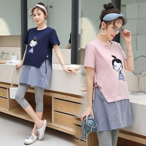 604# Cartoon Printed Cotton Patchwork Maternity Tees Summer Casual Loose T Shirts Clothes for Pregnant Women Pregnancy Tops